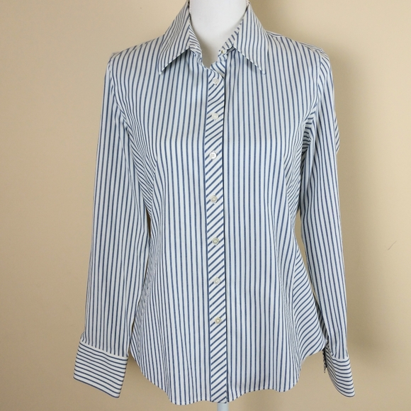 Talbots Tops - Talbots Chambray Blue & White Stripe Wrinkle Resistant Blouse Sz 8